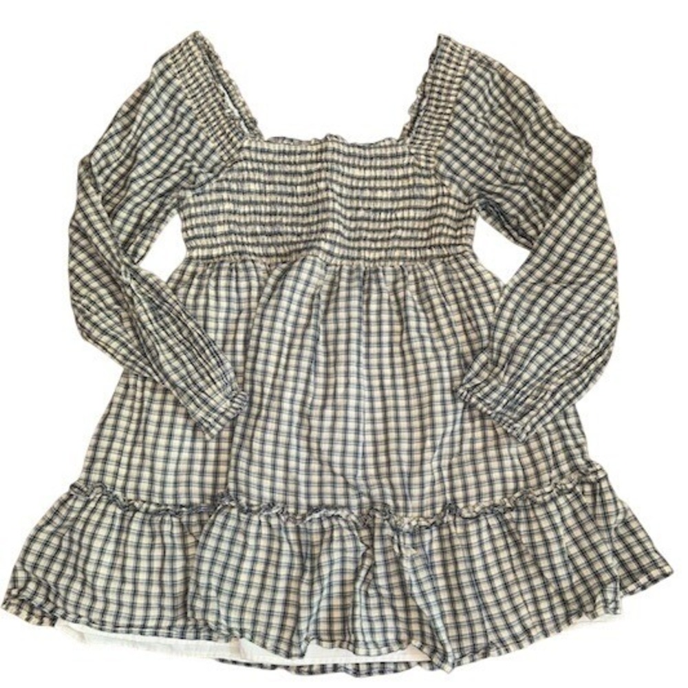 Womens Blue White Gingham Plaid Smocked Mini Dress Long Sleeve Ruffle Hem Small